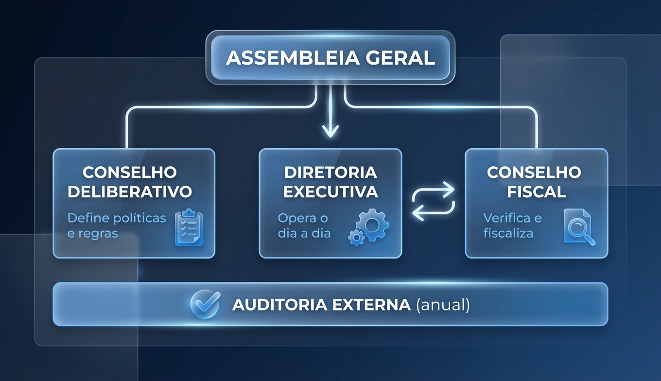 Organograma da nova estrutura de governança exigida pela LC 213/2025: assembleia geral no topo, conselho deliberativo definindo políticas, diretoria executiva operando e conselho fiscal verificando