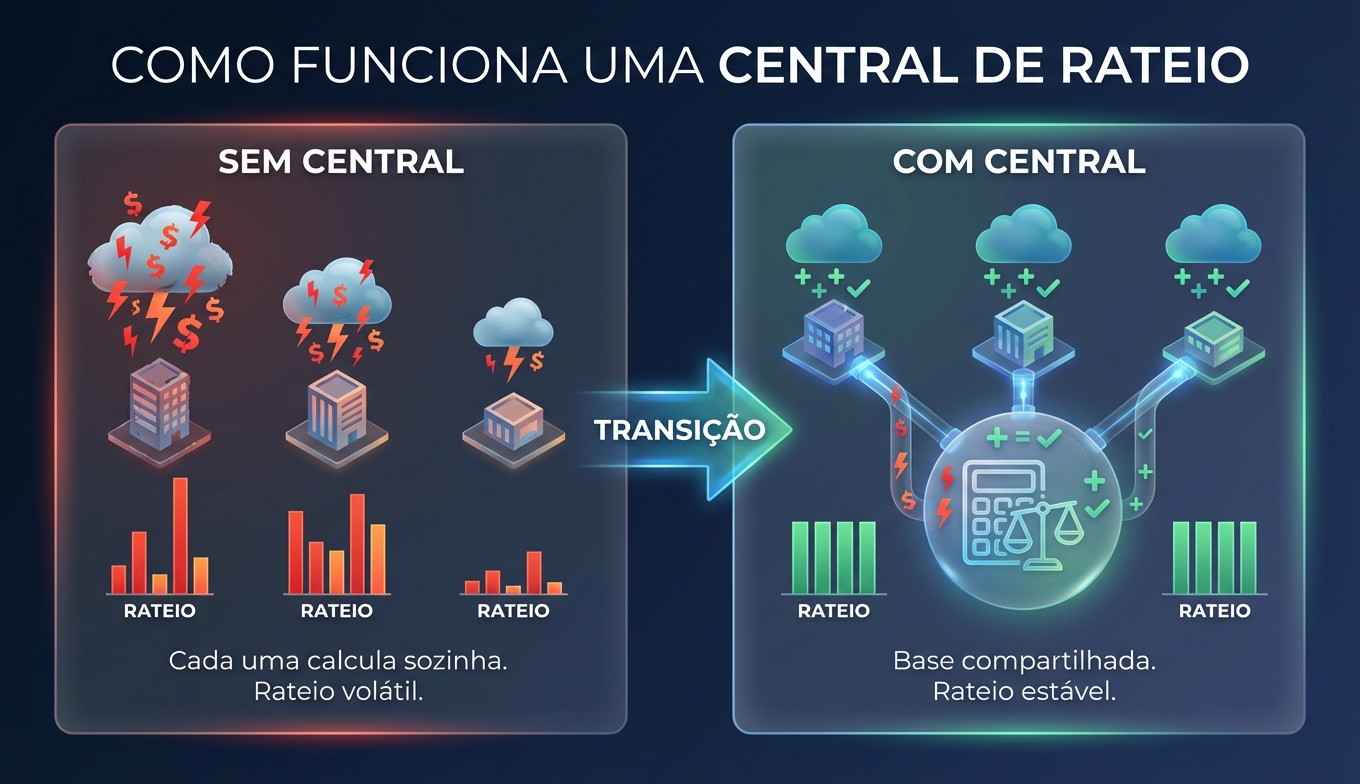 Diagrama explicando como funciona uma central de rateio: várias associações compartilham a base de cálculo para estabilizar o valor mensal