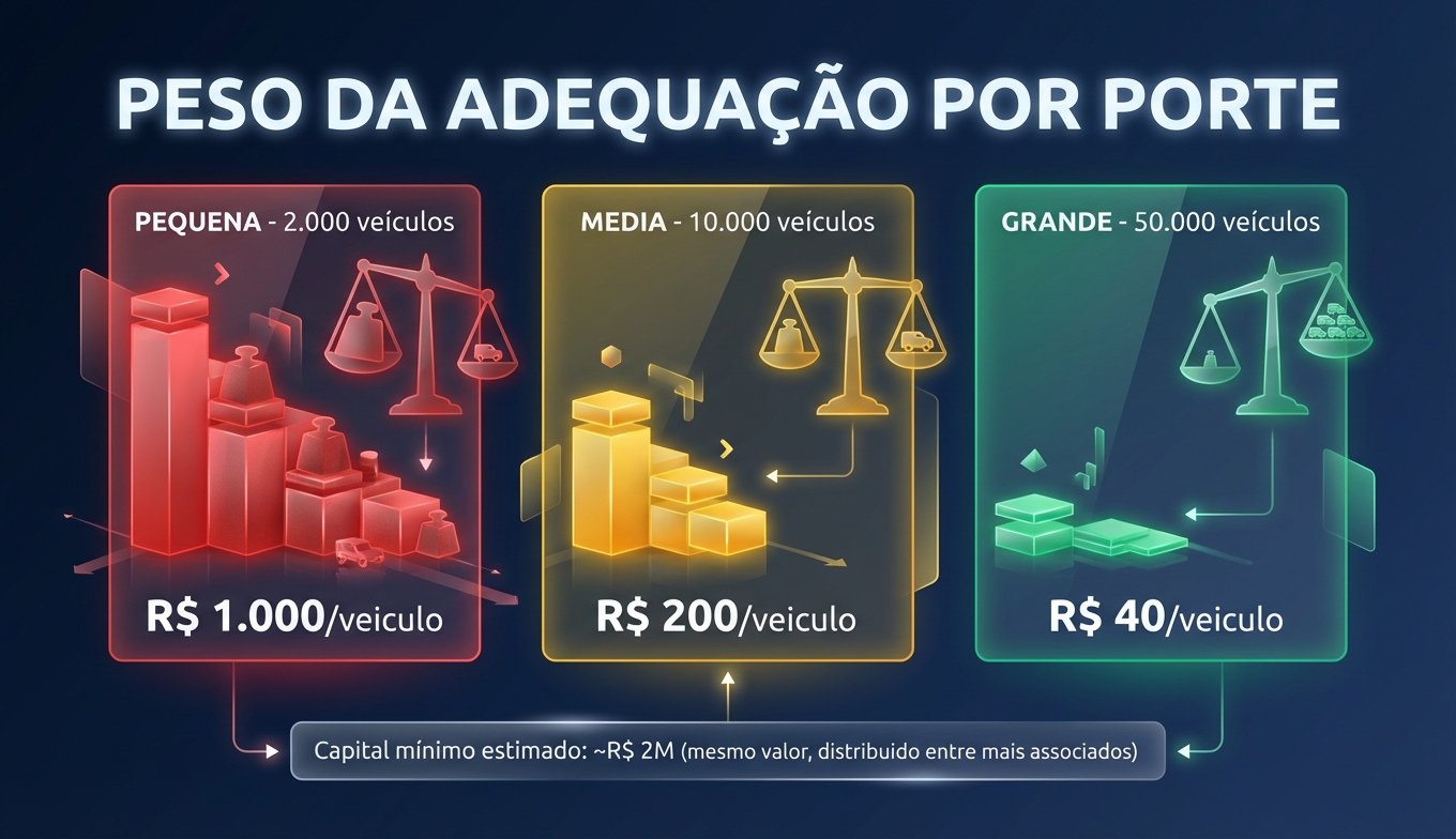 Diagrama comparando o peso da adequação por porte: associações menores pagam proporcionalmente mais por veículo protegido