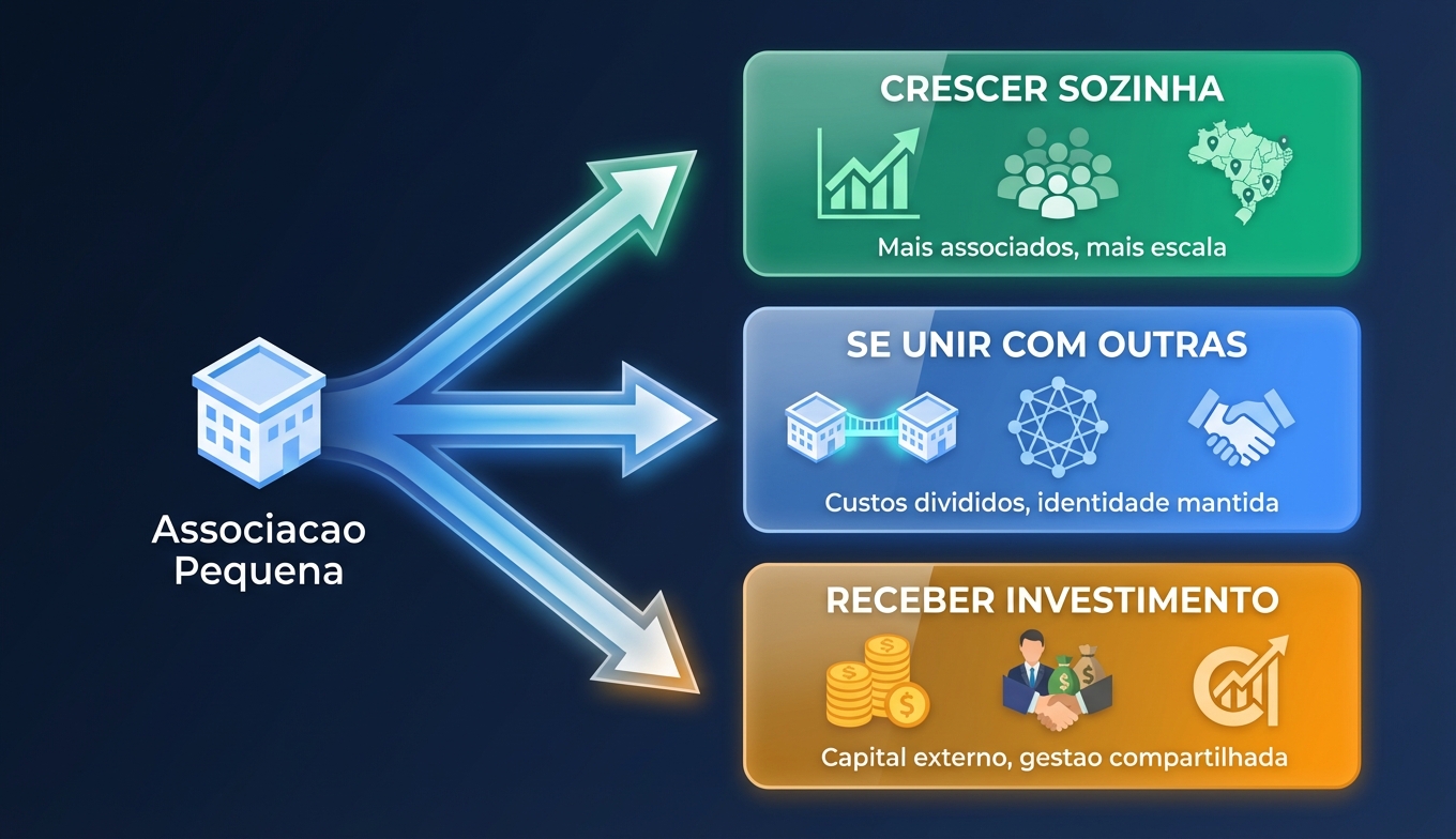 Diagrama visual dos três caminhos para pequenas associações: crescer sozinha, se unir com outras ou receber investimento