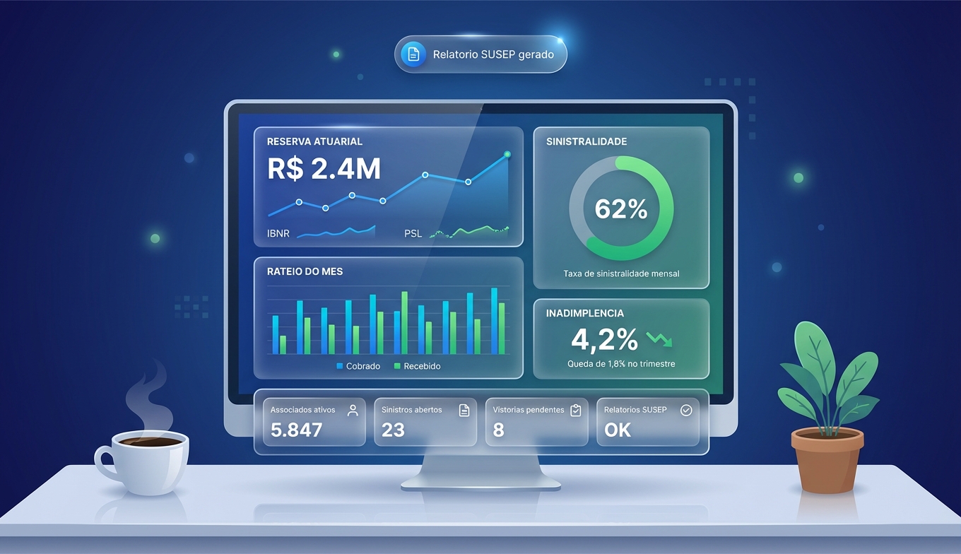 Dashboard de gestão com indicadores de reserva atuarial, sinistralidade, inadimplência e rateio em tempo real